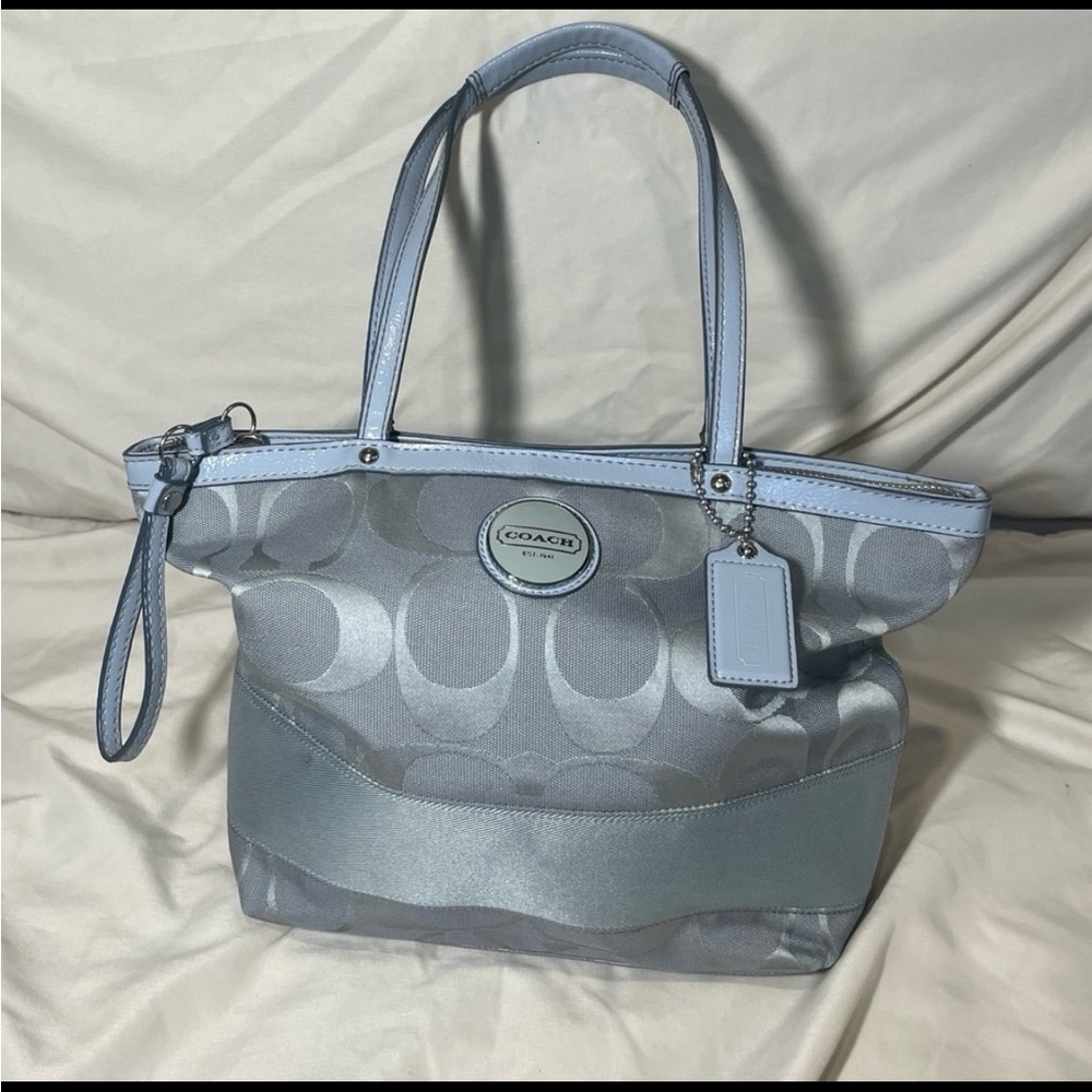 Coach Dark Grey Signature Canvas and Patent Leather Small Tote Vintage F14733